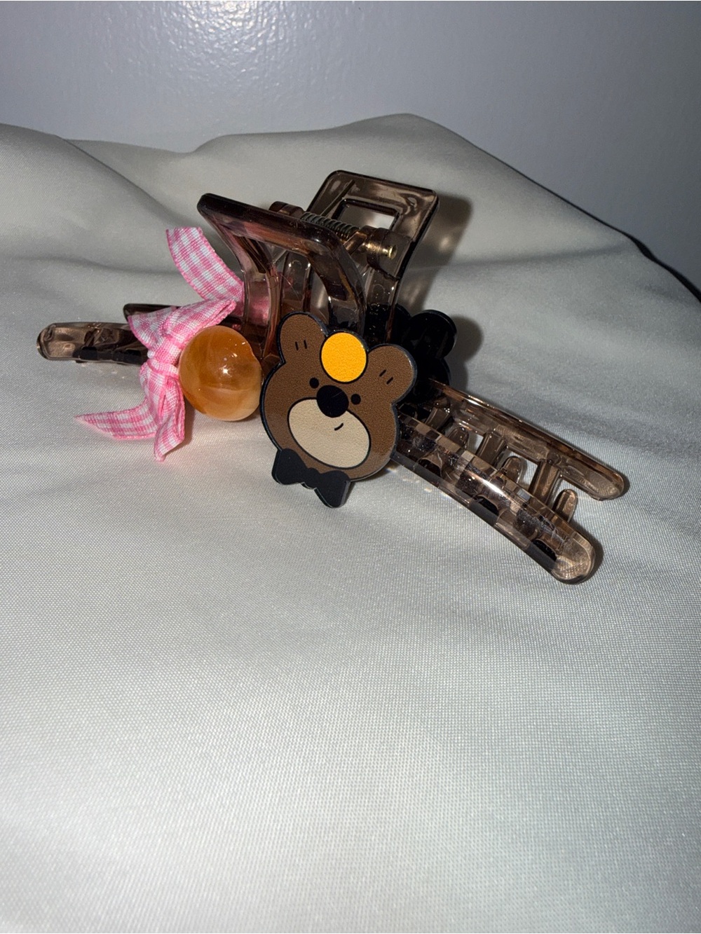 Cute Bear Accent Brown Tortoiseshell Hair Claw with Pink Bow